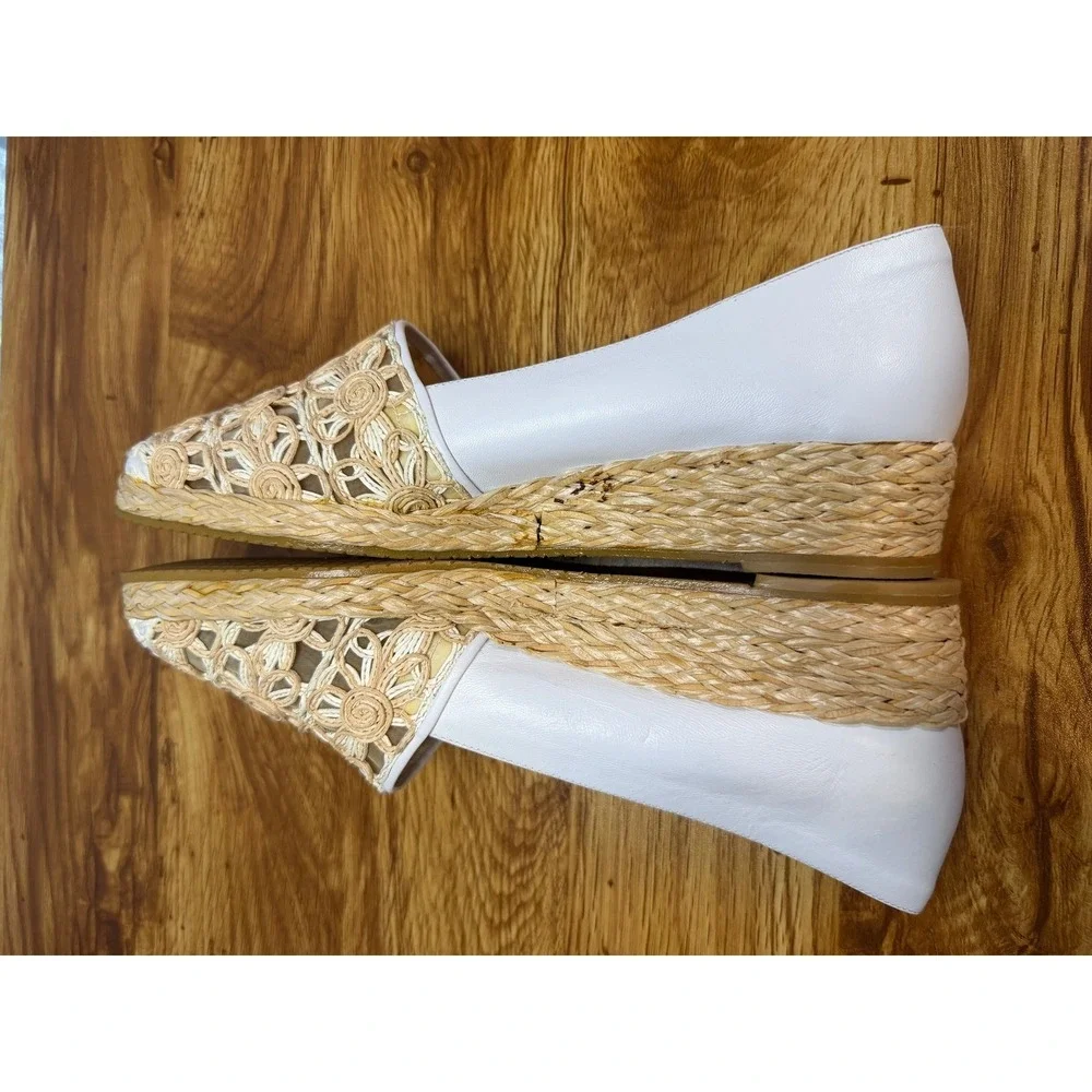 Stuart Weitzman White Leather Floral Crochet Raffia‎ Espadrille Wedges 7.5 NWOT